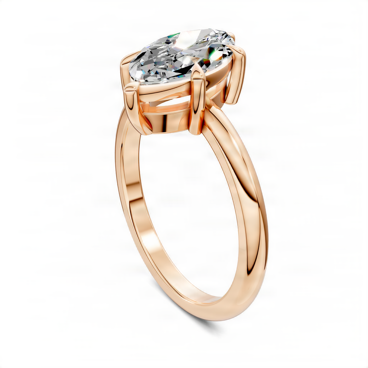 Rose gold marquise solitaire ring side view with angled prongs and smooth shank