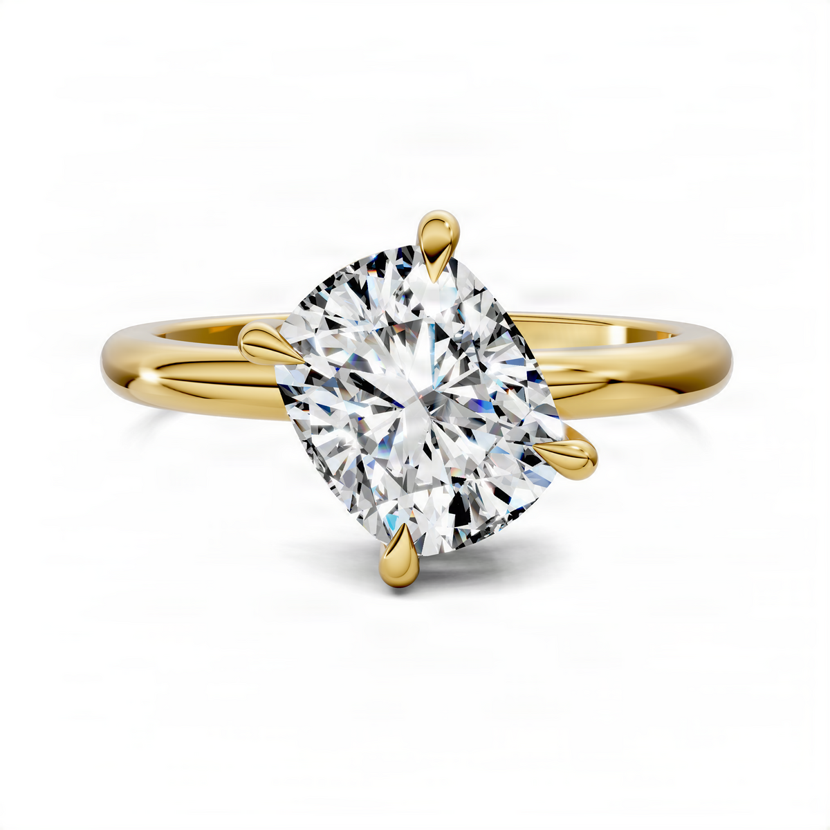 Yellow gold cushion-cut diamond solitaire ring with four-prong basket, front view