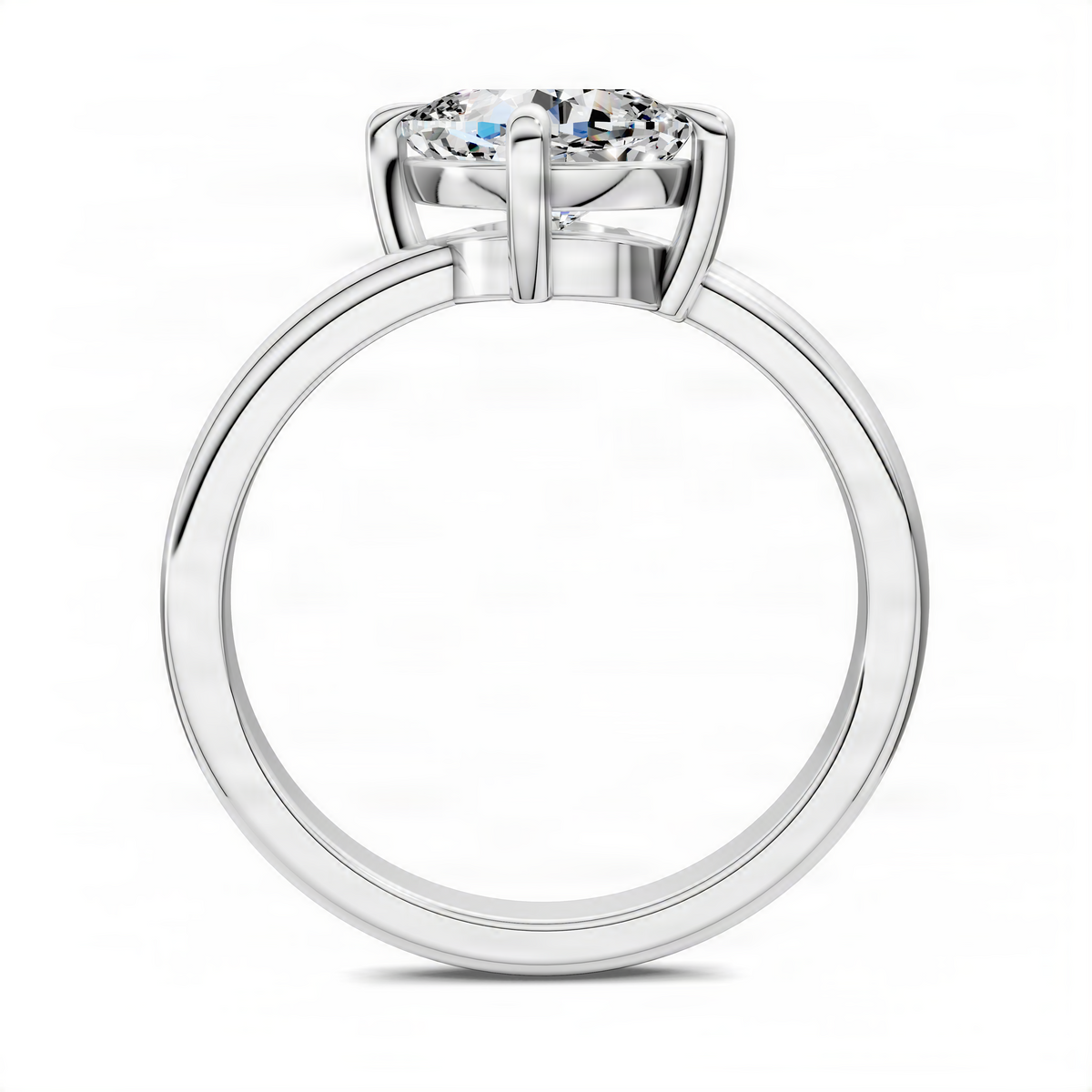 Platinum-colored cushion-cut diamond solitaire ring, band and setting view