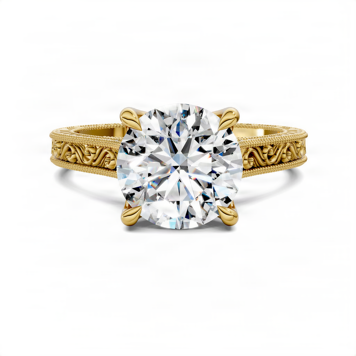 Round vintage vine diamond ring with prong-set center stone and ornate vine band in yellow gold