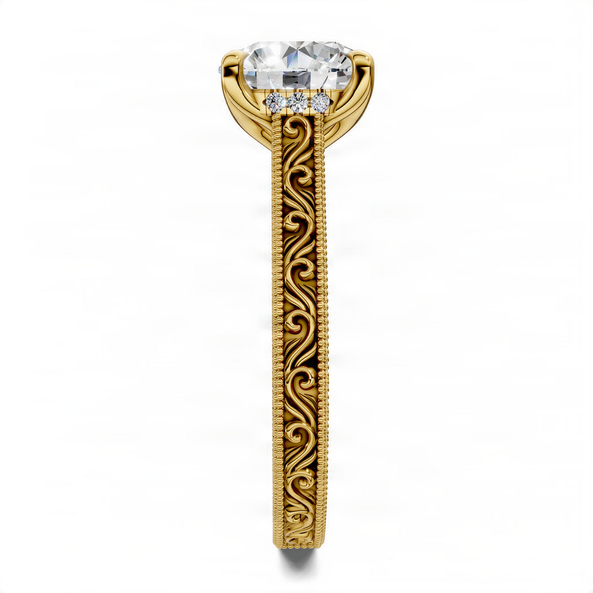 Gold-toned round diamond engagement ring with ornate vine filigree shank and three-stone top