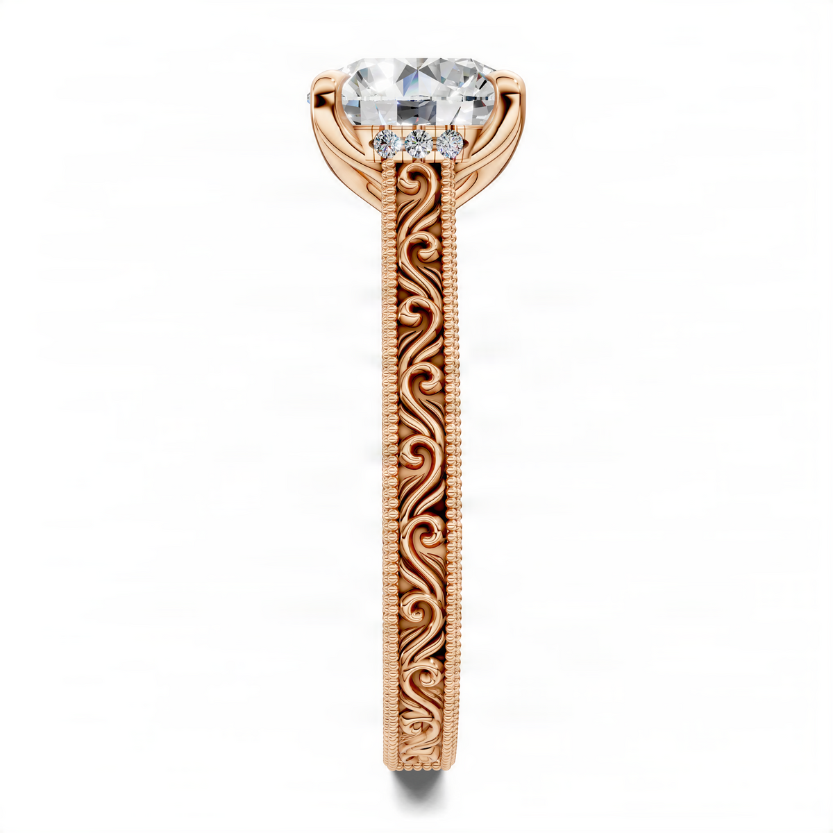 Round vintage vine diamond ring side profile in rose gold with center stone and engraved vine shank