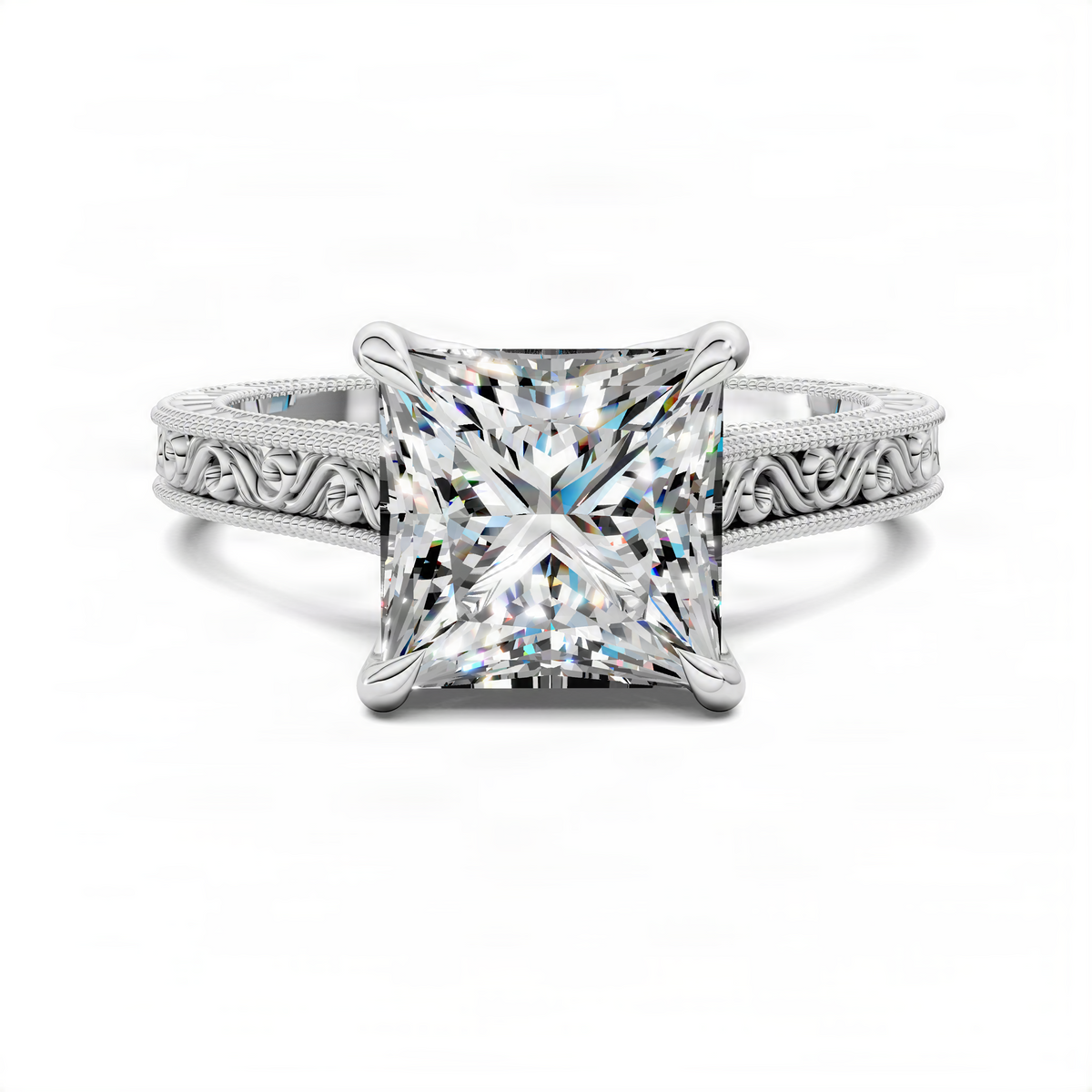 Opes princess vintage vine ring, square center stone, white metal, lace-like vine halo