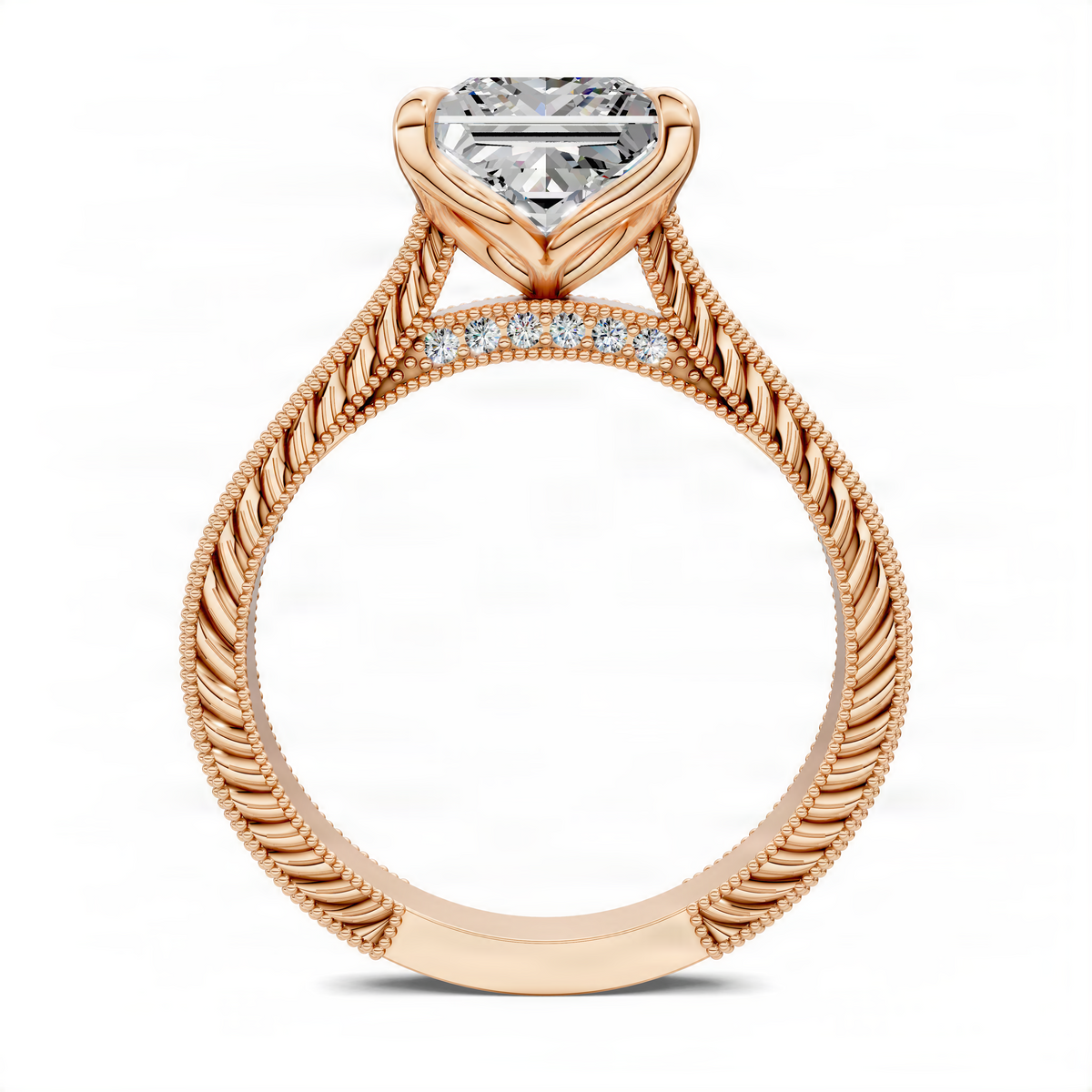 Opes princess vintage vine ring, rose gold side view, square center stone, beaded vine halo