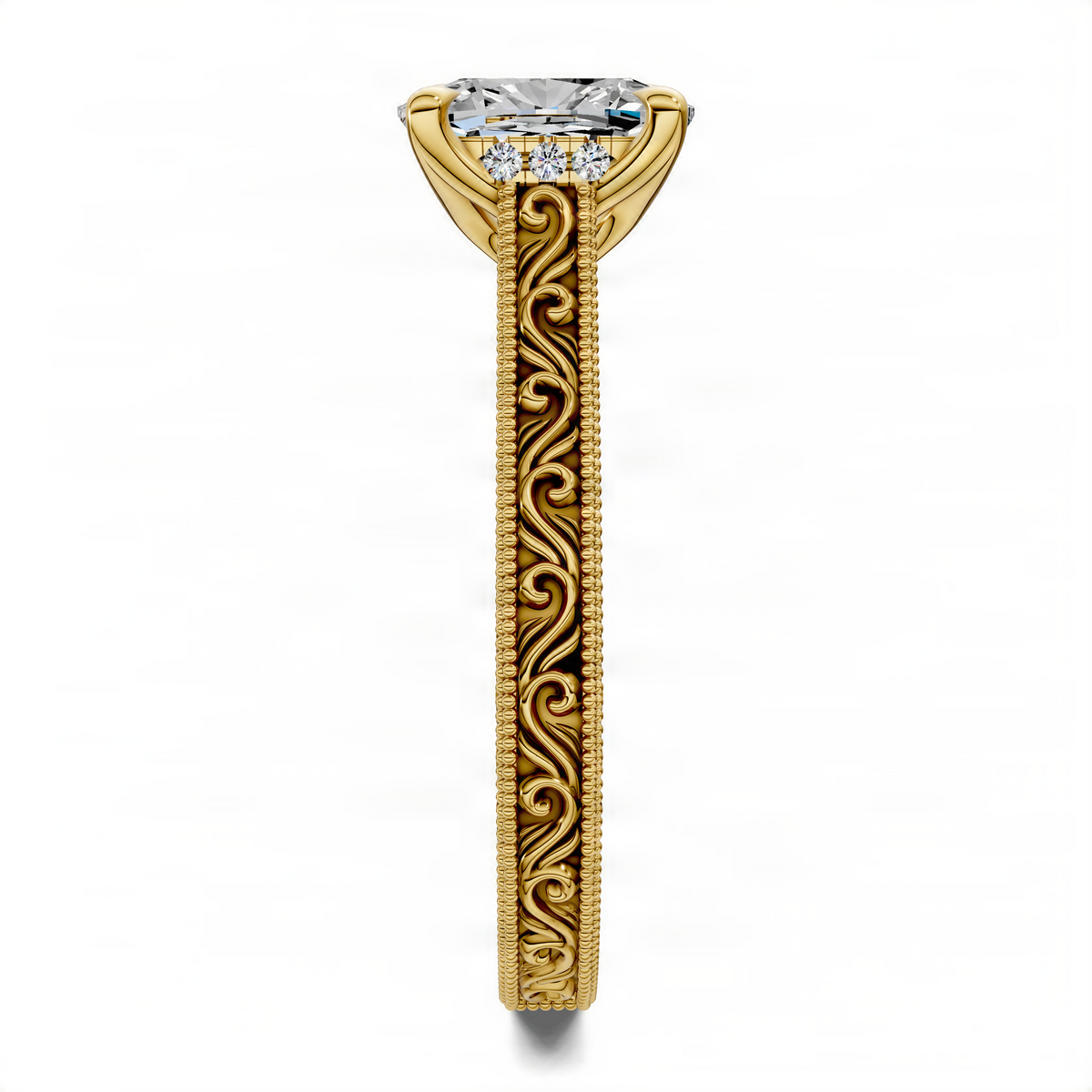 Yellow gold vintage vine ring with round center stone and ornate split shank