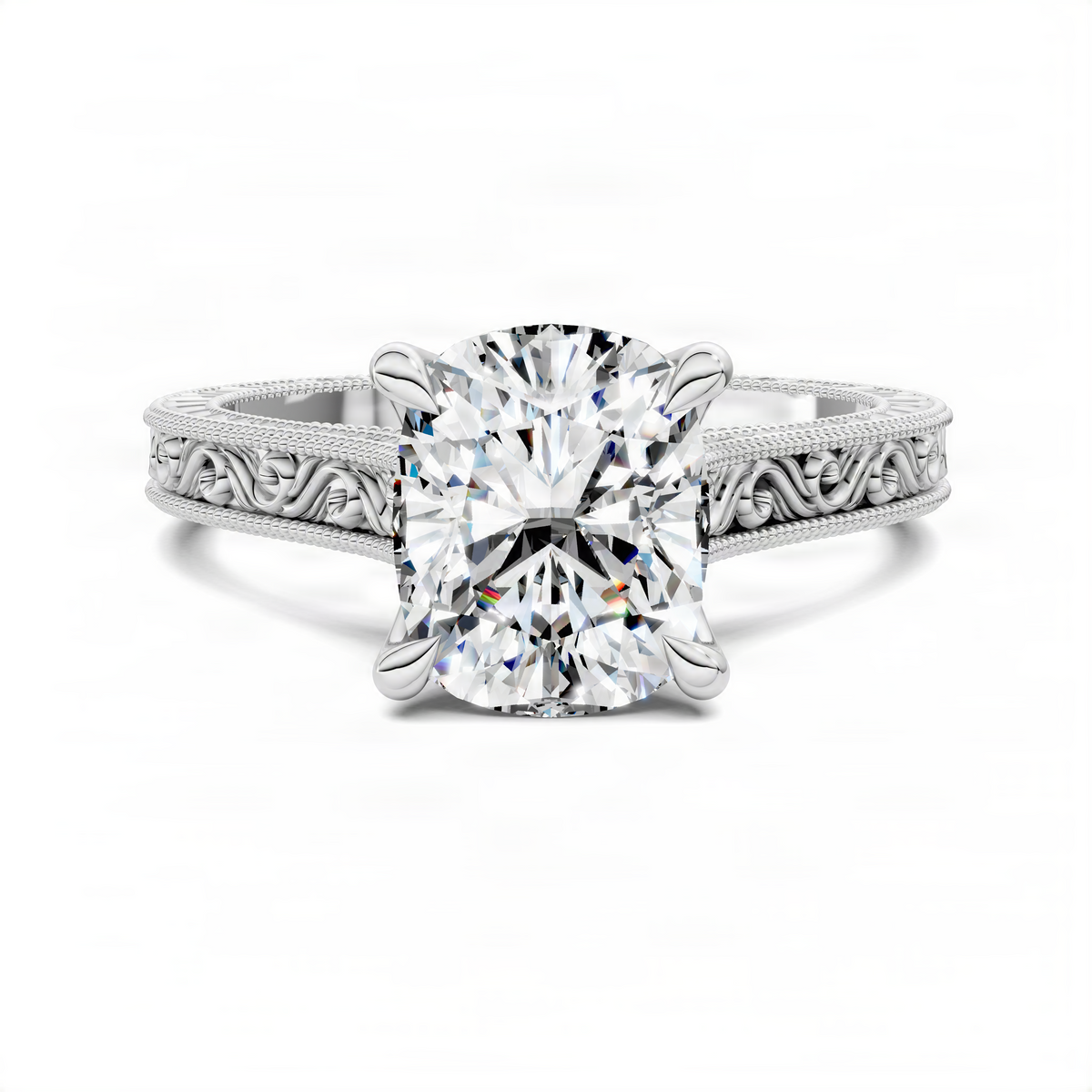 Opes vintage vine ring with cushion-cut center stone and engraved band