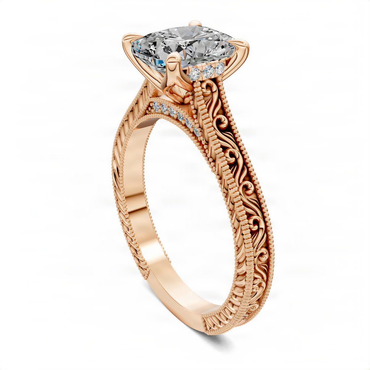 Cushion-cut solitaire engagement ring with ornate vine filigree and rose gold side accents