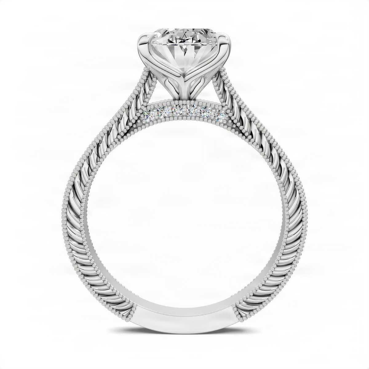 Vintage vine oval engagement ring with braided band and pavé halo