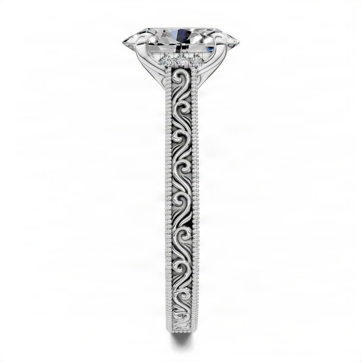 White gold vintage vine oval ring profile view with decorative scrolling shank