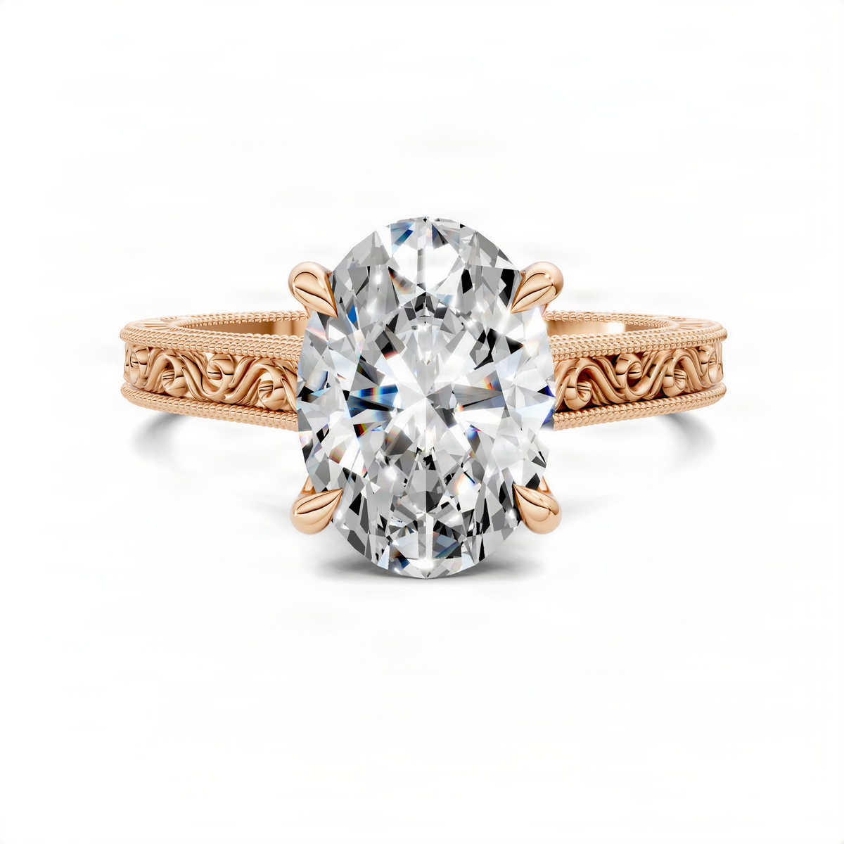 Rose gold vintage vine oval ring front view with large clear center stone
