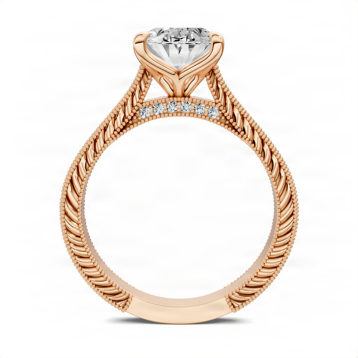Oval vintage vine ring with oval center stone and pavé accents in rose gold