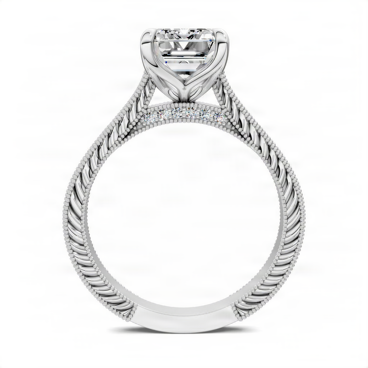 Vintage vine ring with round center stone and pavé detail in white metal
