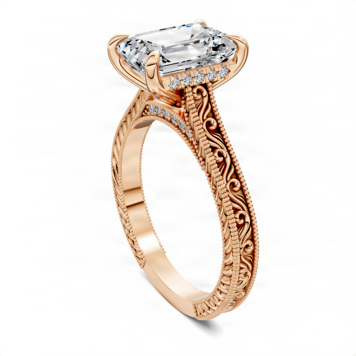 Emerald-cut ring in yellow gold with vintage vine engraving
