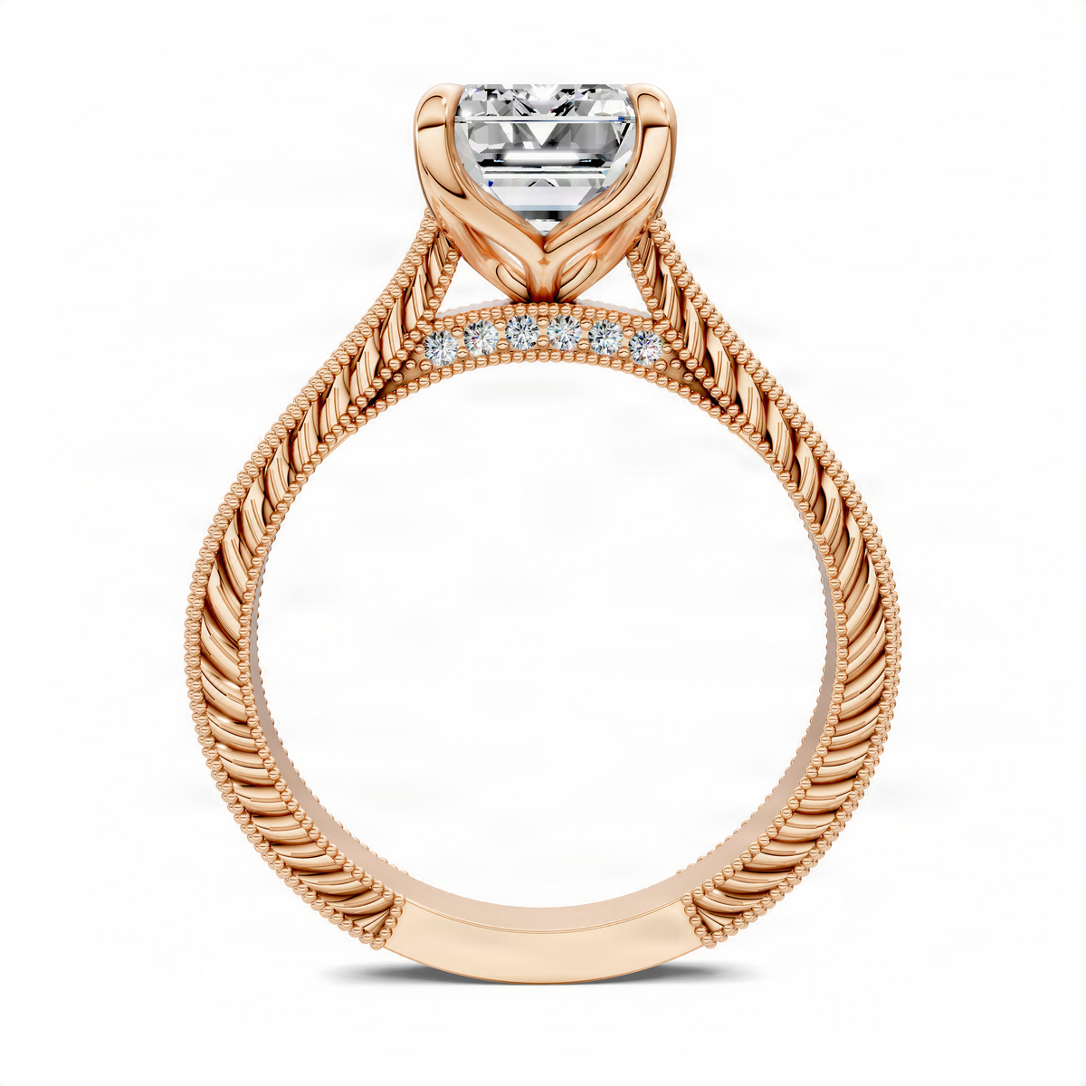 Opes vintage vine ring in rose gold with emerald-cut center stone and pavé accents