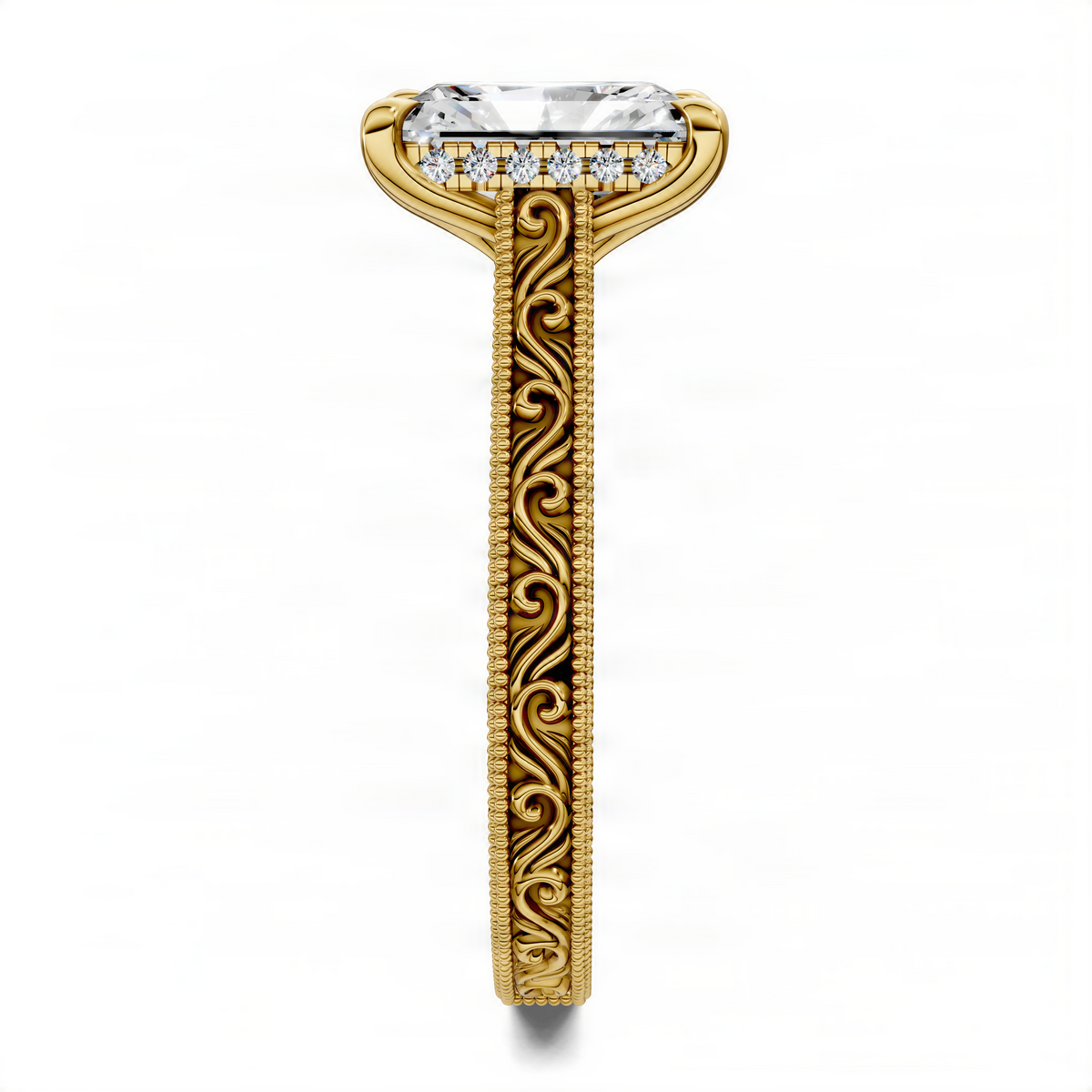 Vintage vine ring in yellow gold with rectangular center stone and engraved shank