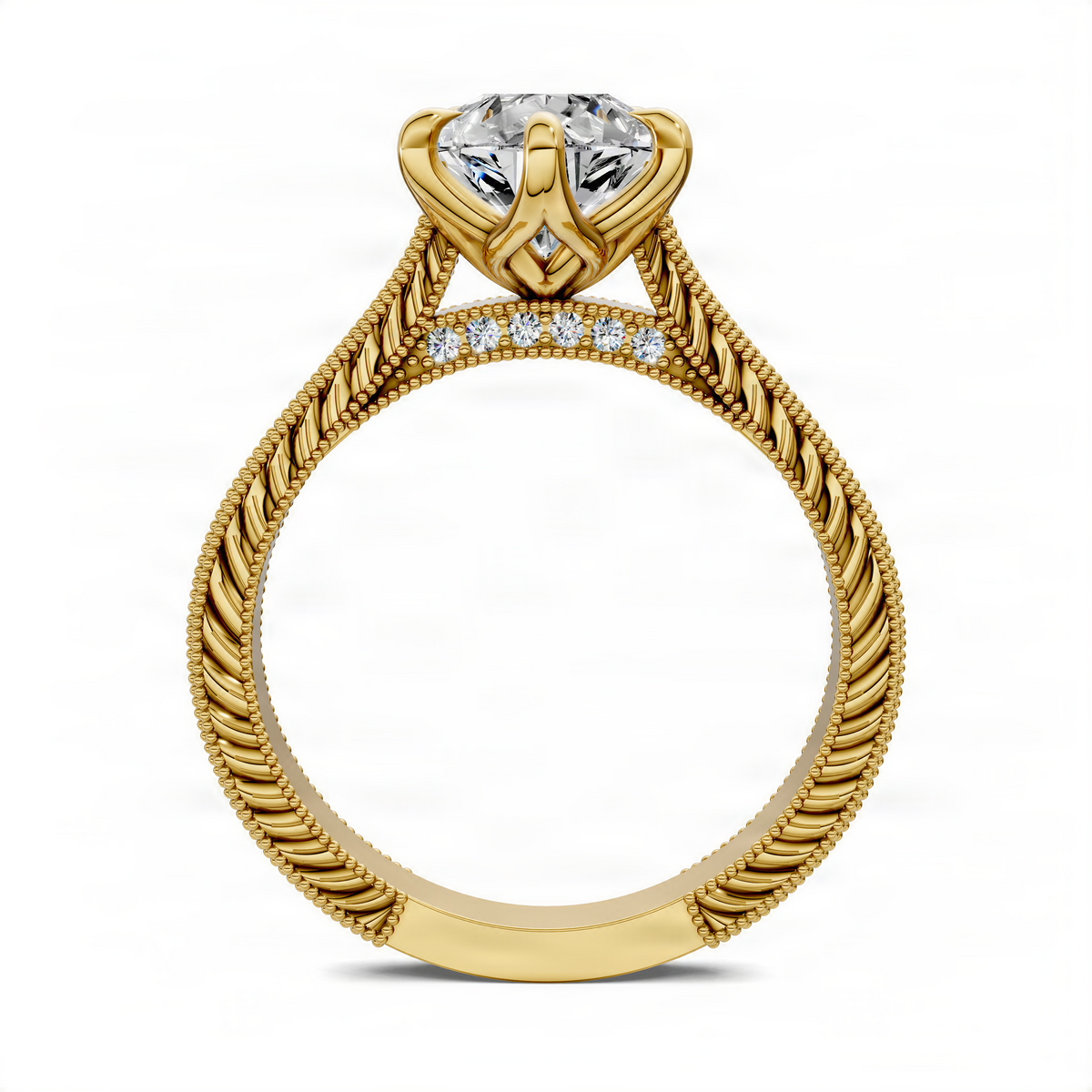 Yellow gold vintage vine ring with pear-cut clear center stone and bead accents
