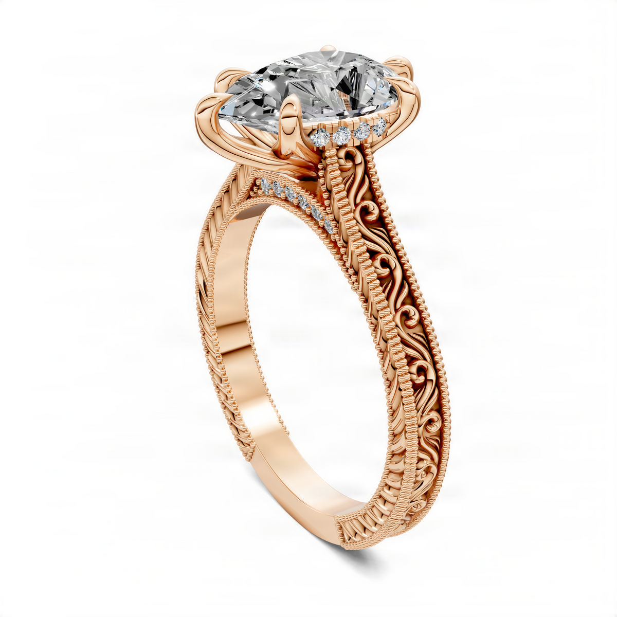 Rose gold vintage vine ring with pear-cut clear center stone and ornate vine details