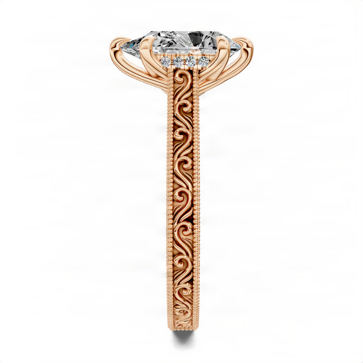 Rose gold vintage vine ring with pear-cut clear center stone on ornate slim shank
