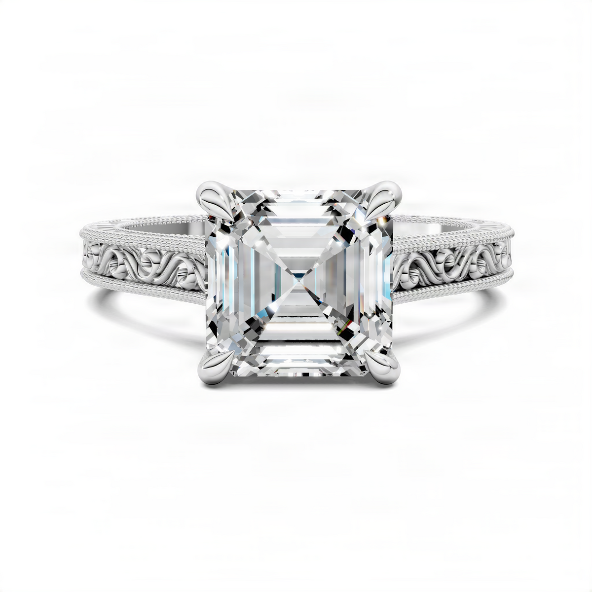 White metal Asscher-cut diamond ring with engraved braided band