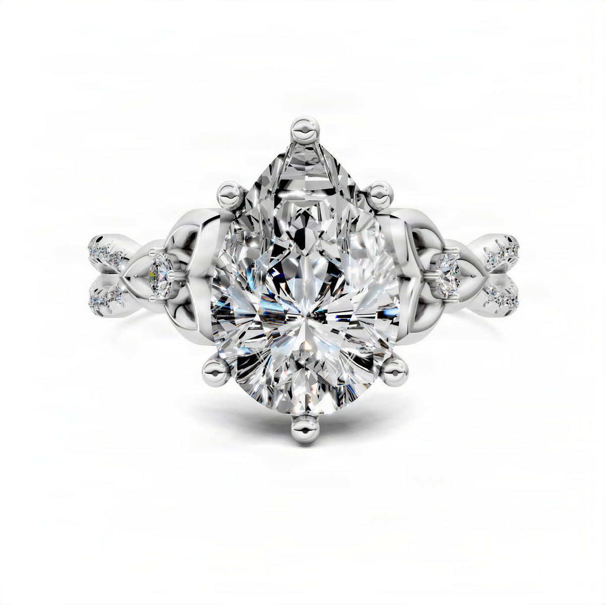 White gold pear-shaped center stone ring with pave love-knot details