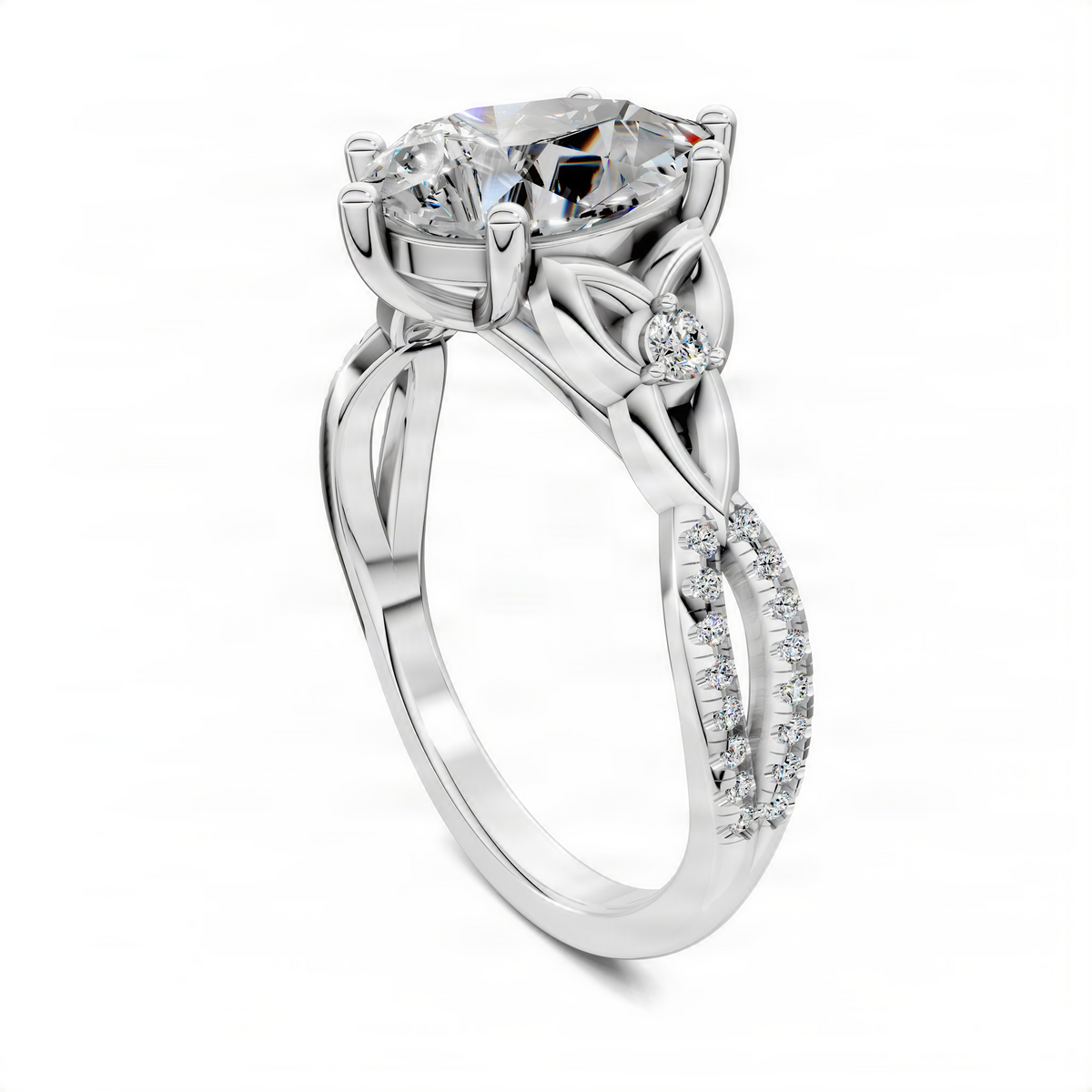 White gold pear-shaped ring with side pave and round stone accents