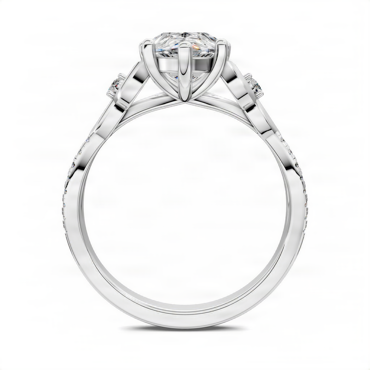Platinum love-knot engagement ring with pear center and slim pave band