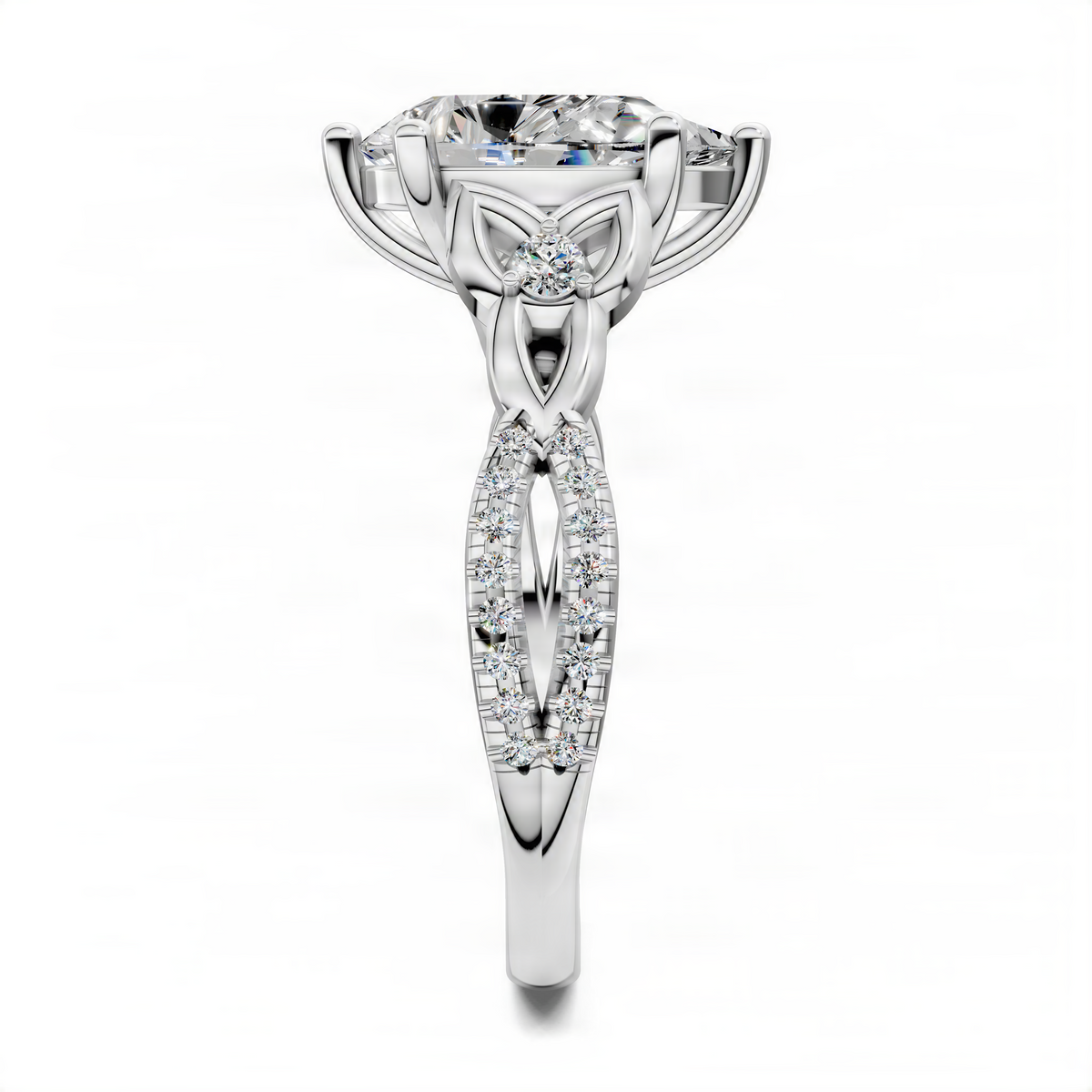 Platinum pear-shaped love knot ring with round stones on the band
