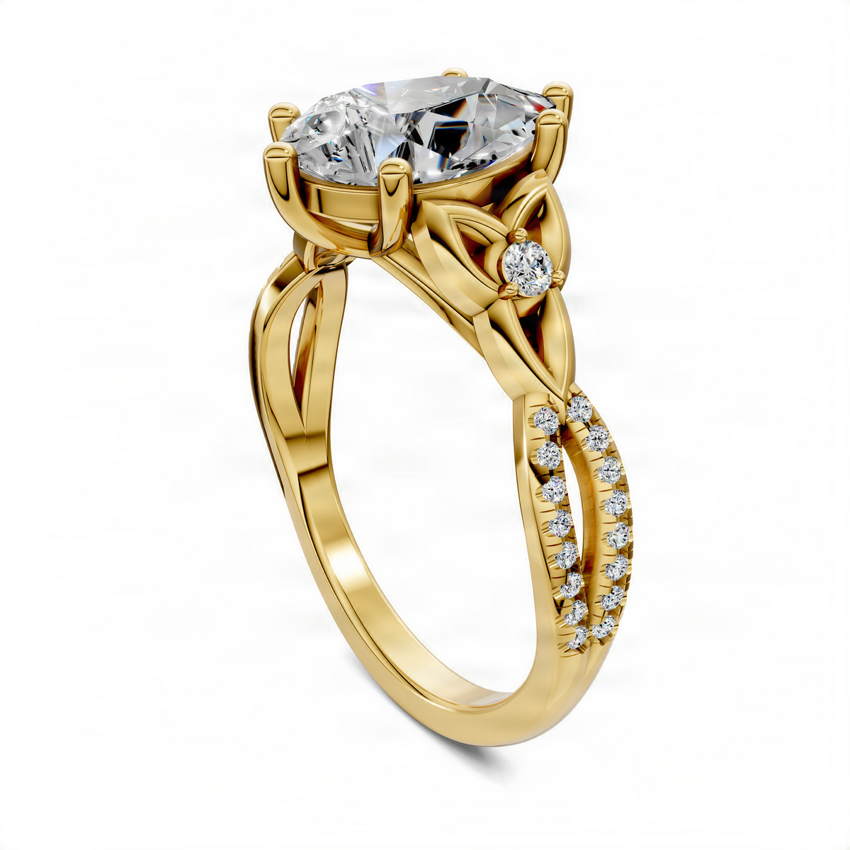Yellow gold pear-shaped ring with side pave and small round accent stones