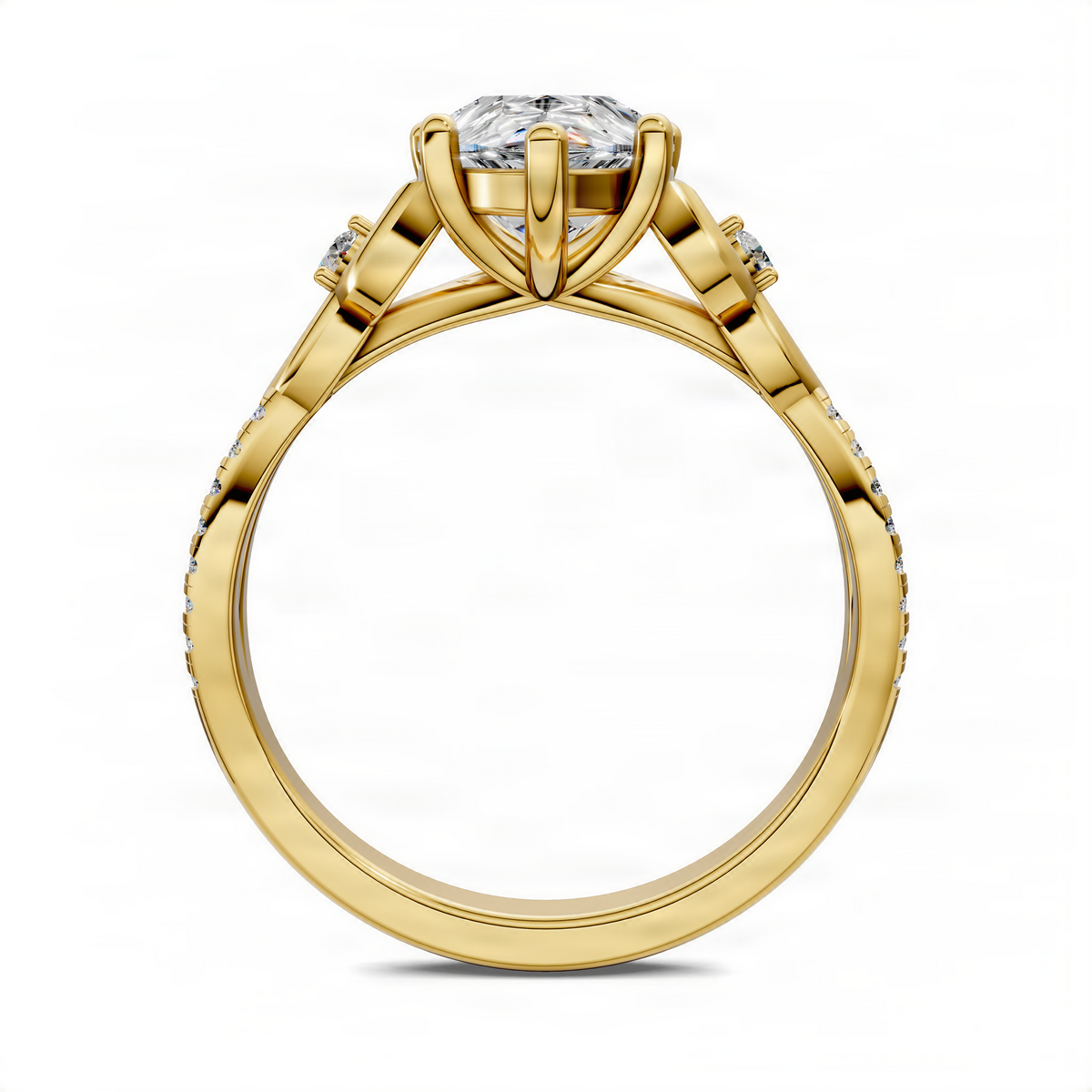 Yellow gold love-knot engagement ring with pear center and slim pave band