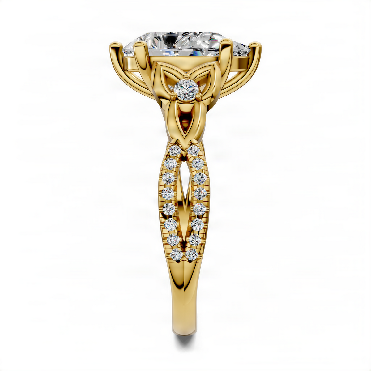 Gold pear love knot ring with round center stone and diamond halo-style bands