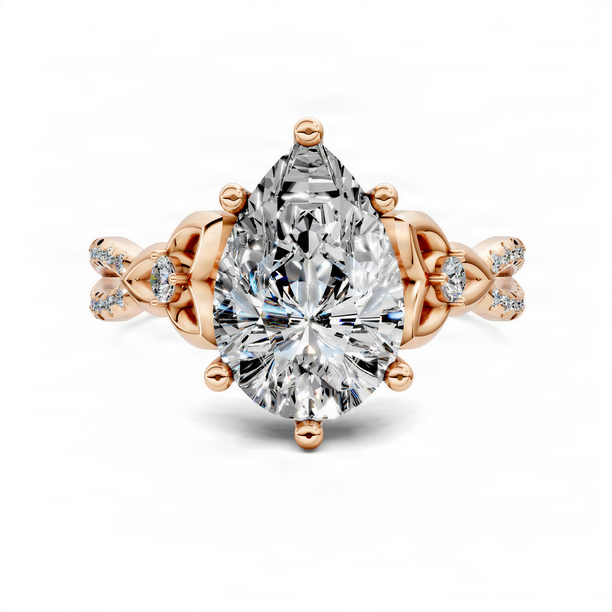 Rose gold pear-shaped center stone ring with pave love-knot details