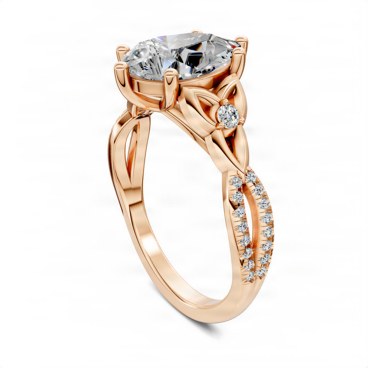 Rose gold pear-shaped ring with side pave and small round accent stones