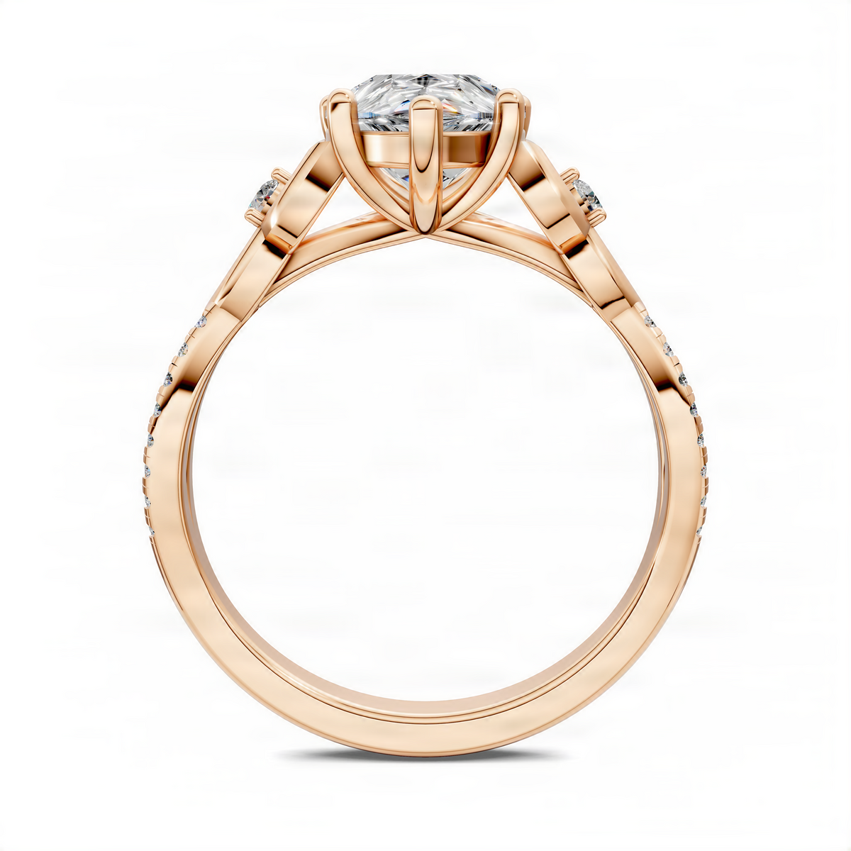 Rose gold love-knot engagement ring with pear center and slim pave band