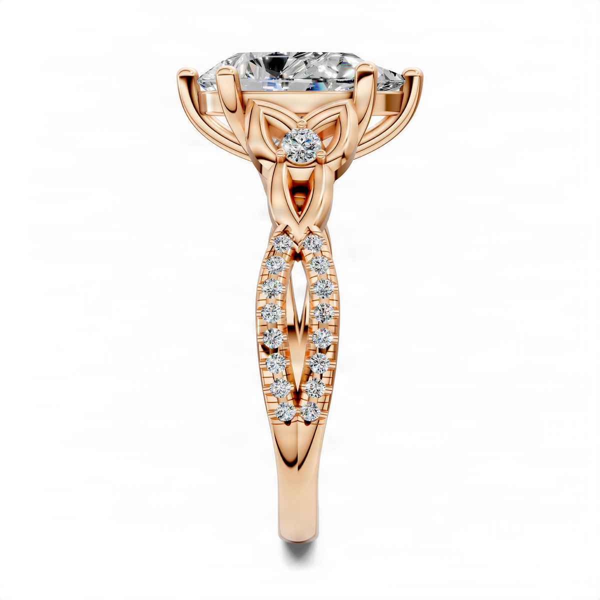 Rose gold pear love knot ring with round center stone and diamond side accents