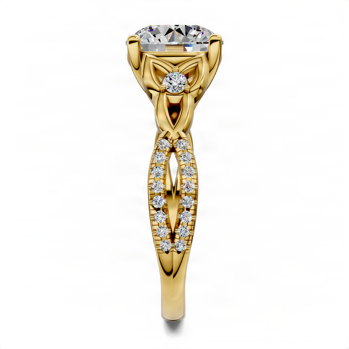 Opes round love knot ring in yellow gold with round center stone and pavé split shank