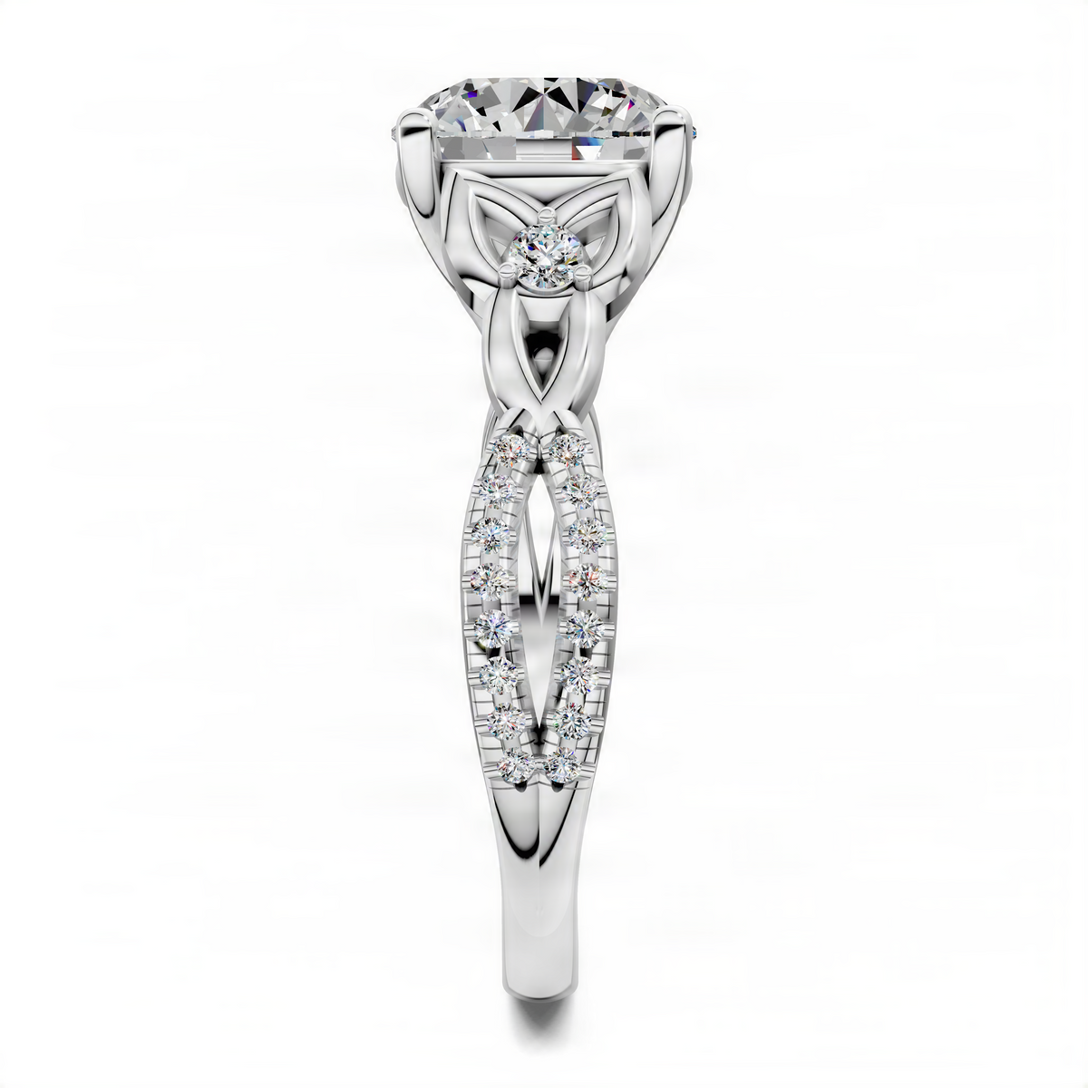 Love knot ring with round center stone and pavé band