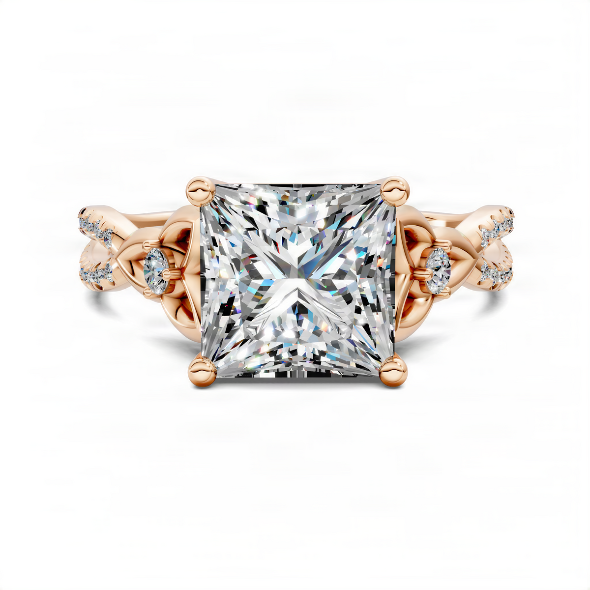 Princess-cut diamond ring with rose gold knot band and side stones