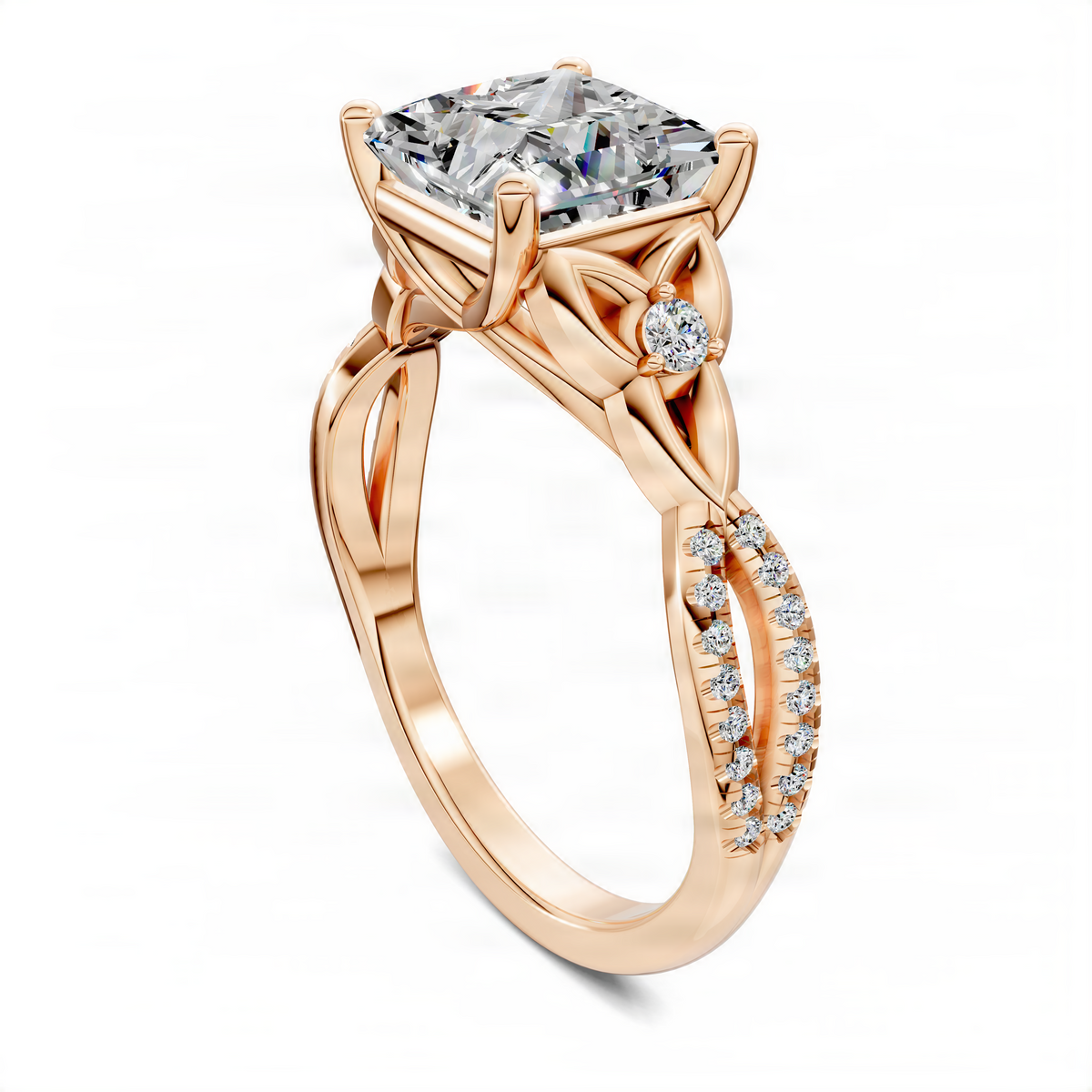 Rose gold princess-cut diamond ring with knot detail and pavé band