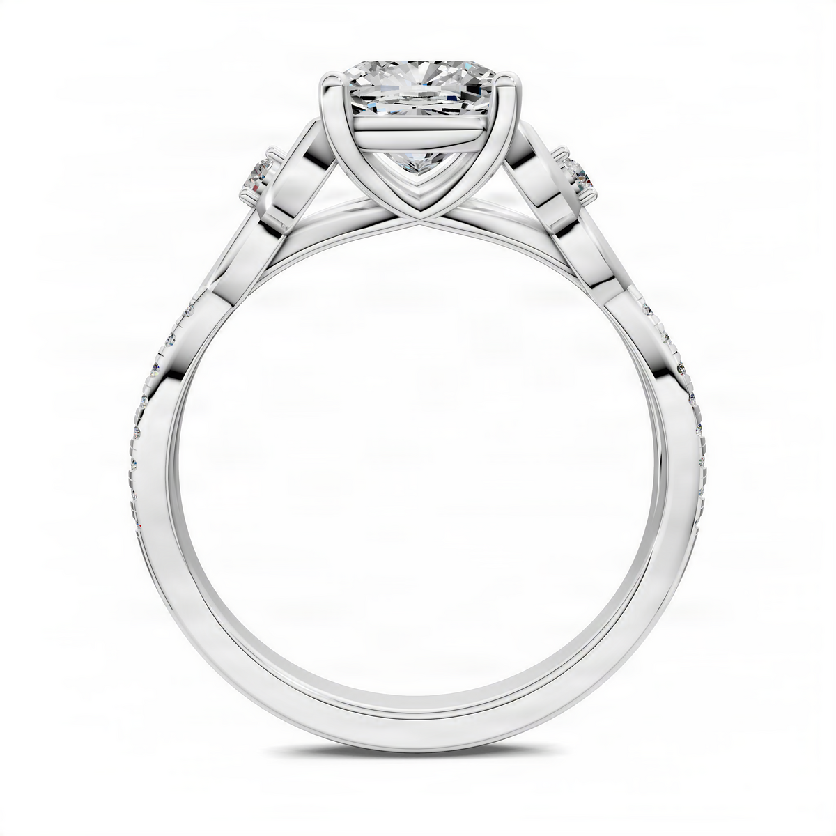 Platinum cushion-cut diamond engagement ring with love-knot split shank and halo bezel