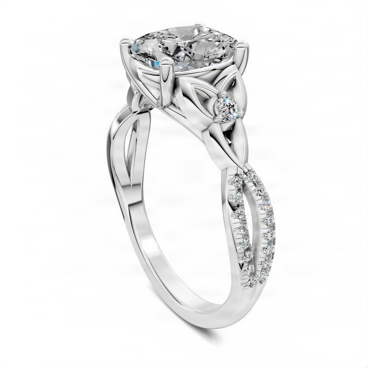 Love knot ring with cushion-cut center stone and pavé band