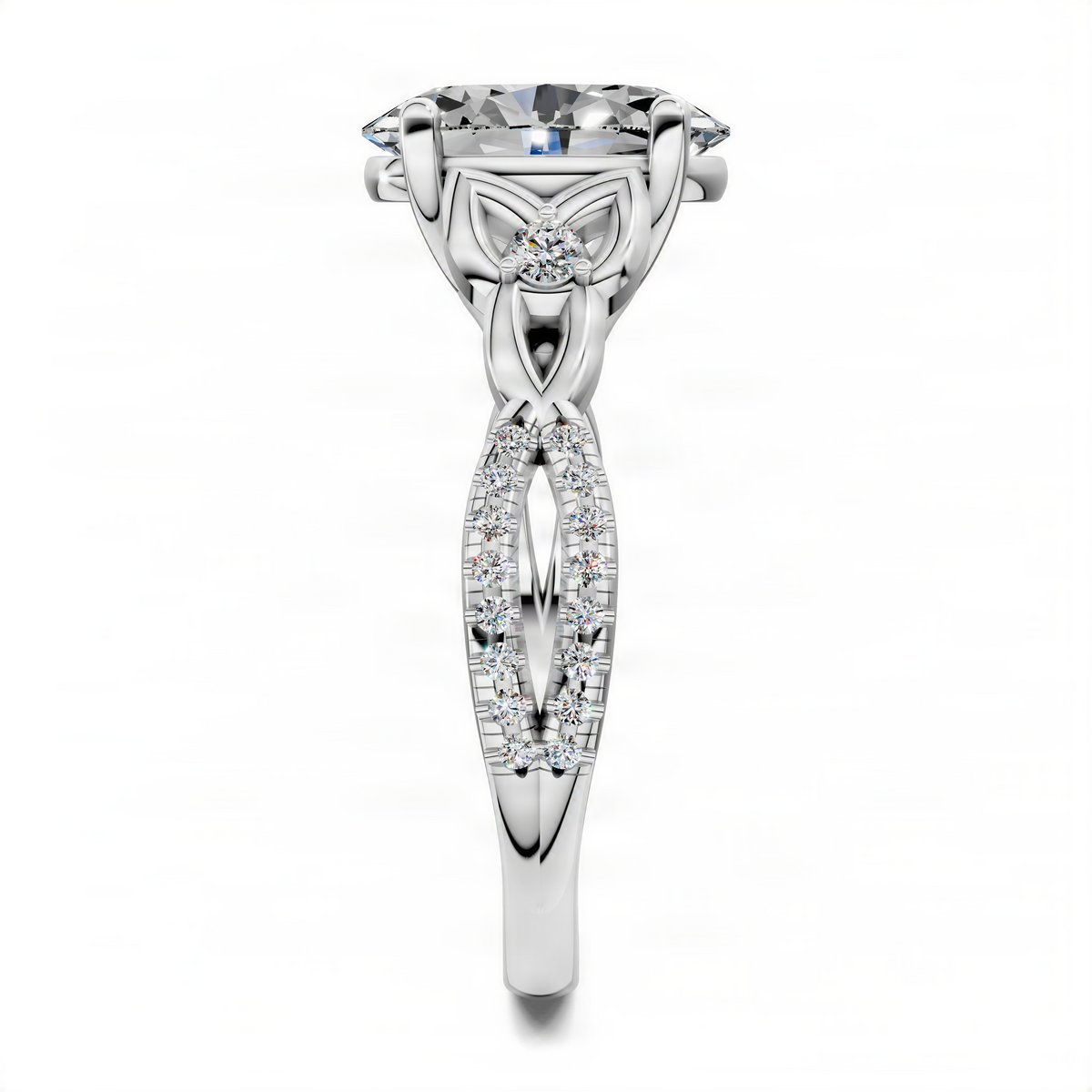 Oval love knot ring with pavé diamond band and oval center stone