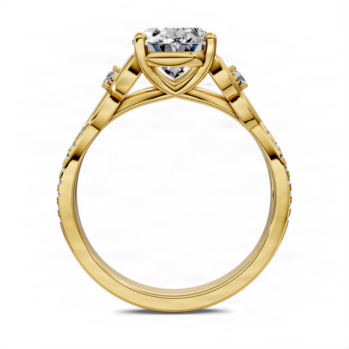 Oval love knot ring in yellow gold with solitaire center stone, side view