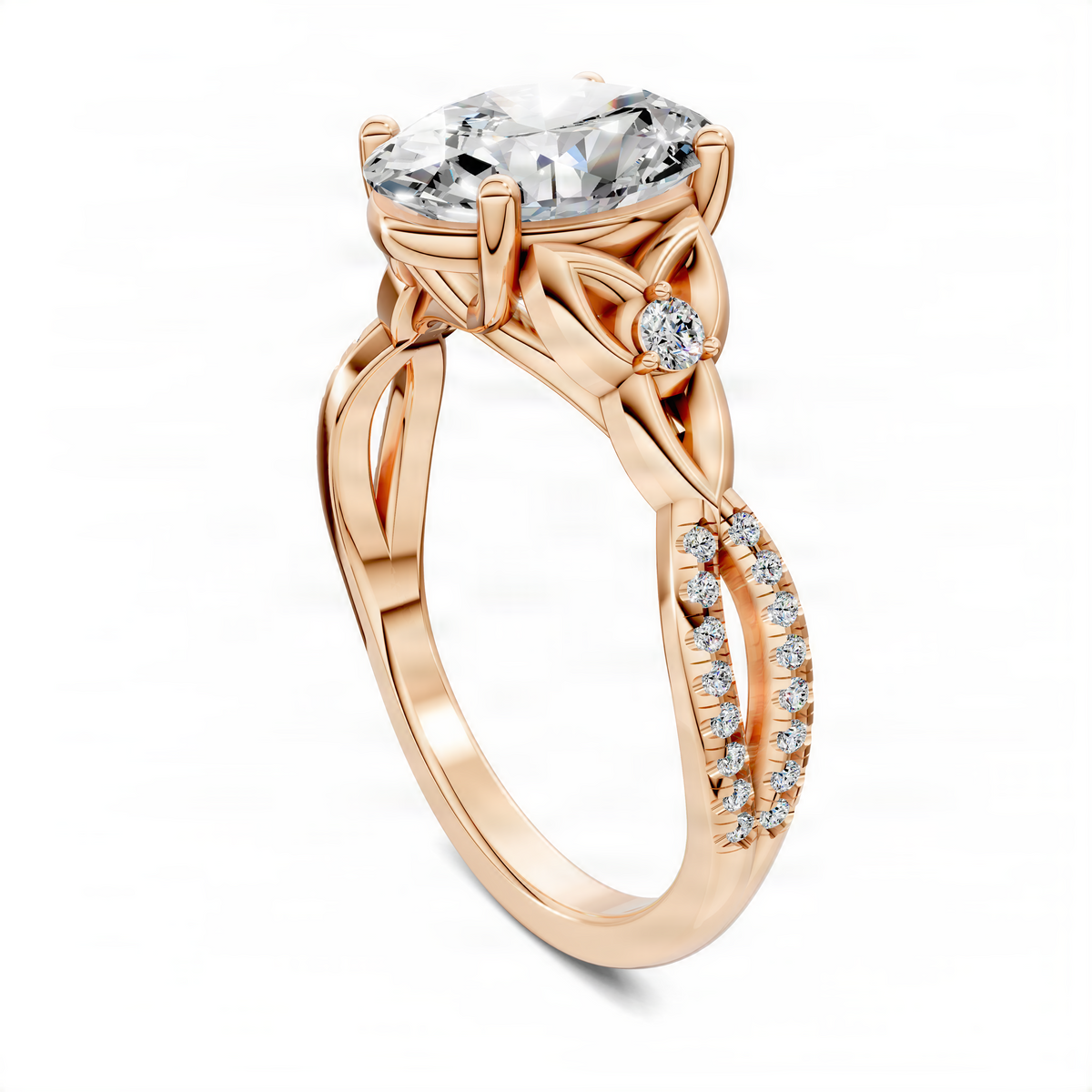 Opes oval love knot ring in rose gold with oval center stone and pavé diamonds