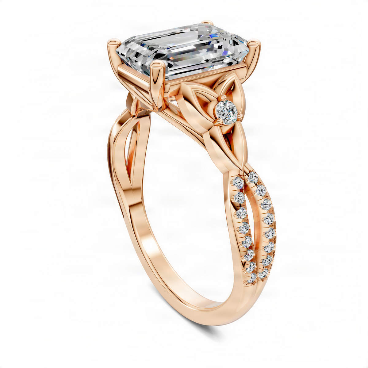 Opes emerald love knot ring with emerald-cut stone and pavé split shank