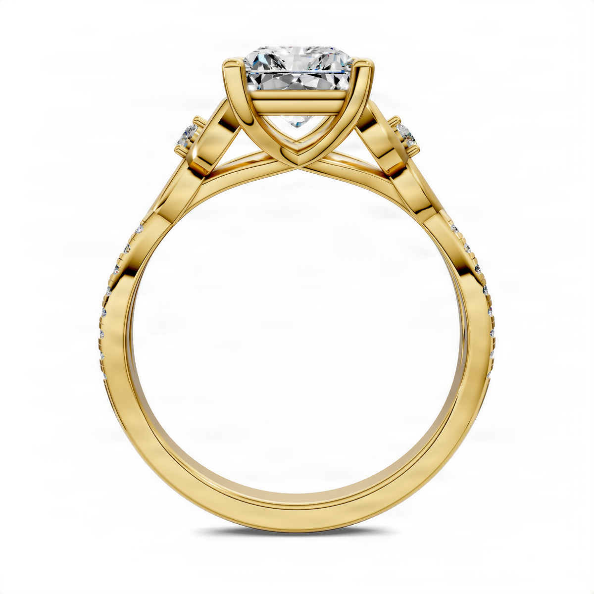 Yellow gold love knot ring with radiant center stone and open prong-set band