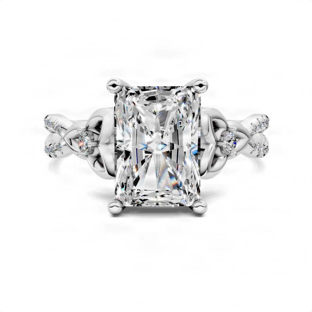 White gold love knot ring with radiant-cut center stone and sparkling side accents