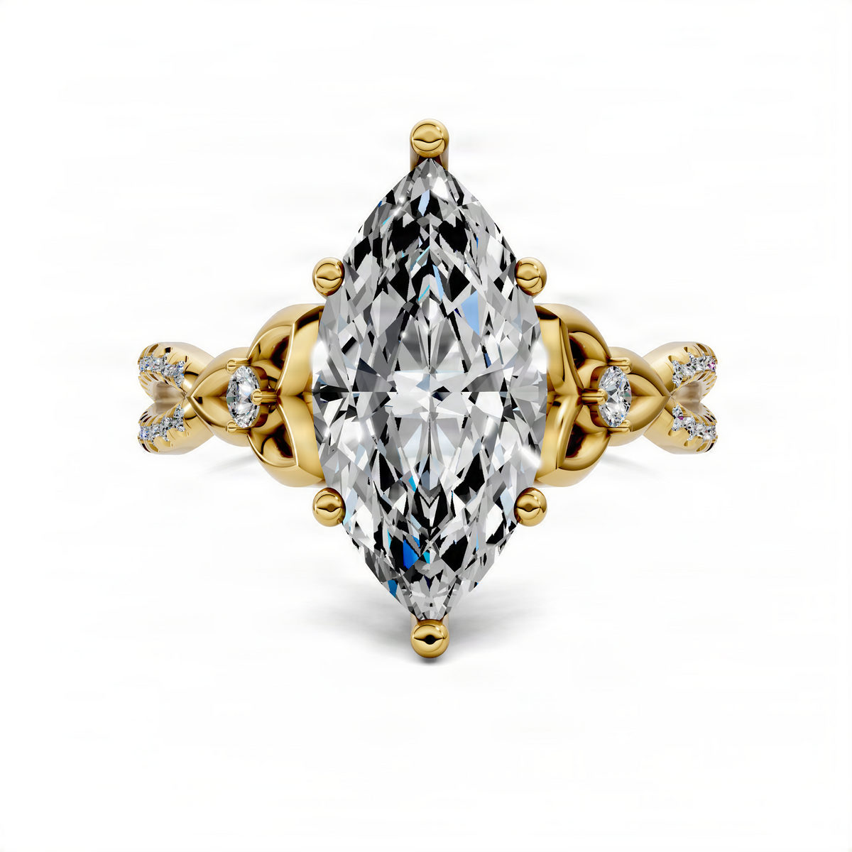 Marquise diamond love knot ring in yellow gold with side stones
