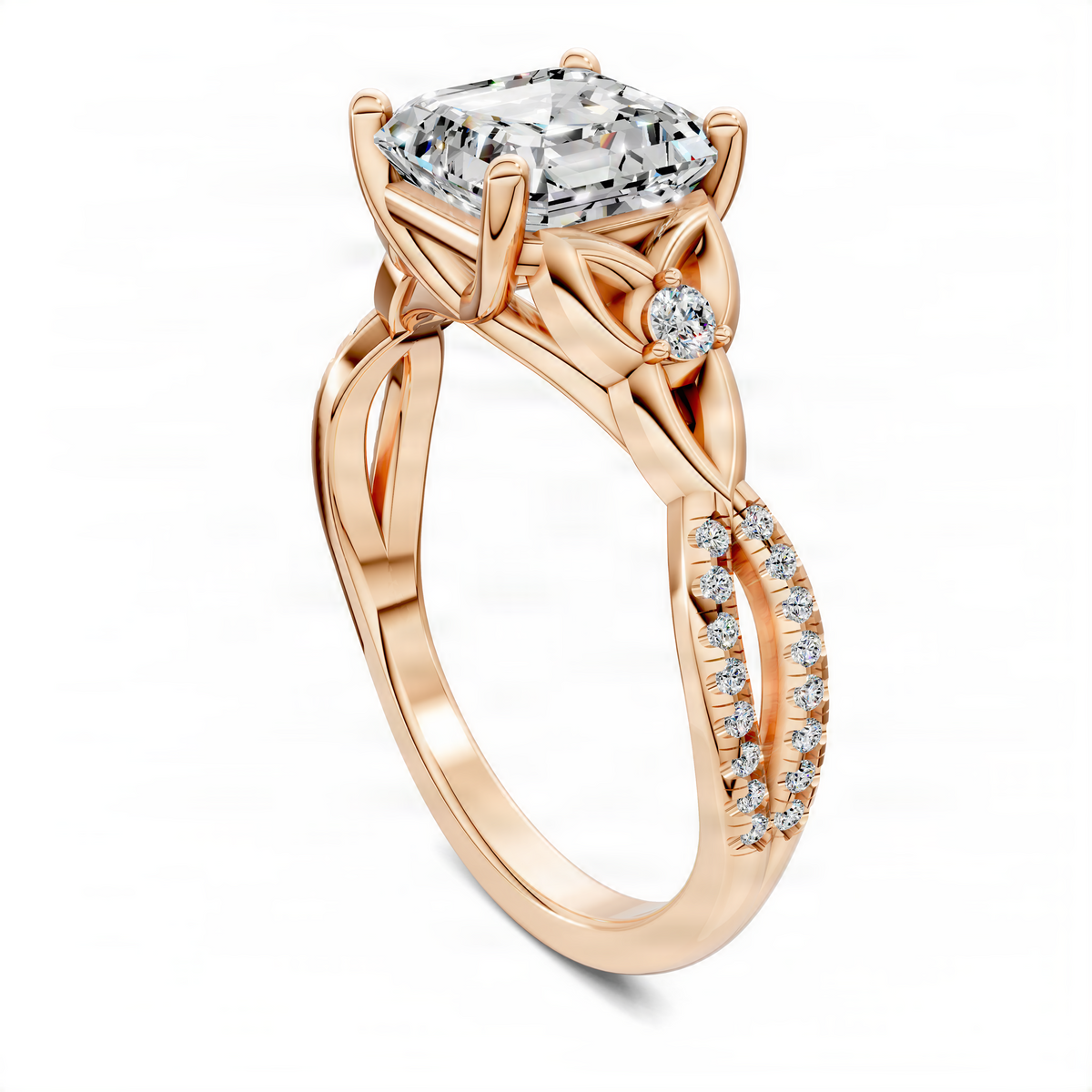 Opes Asscher Love Knot ring in rose gold with asscher-cut center stone and pavé diamonds