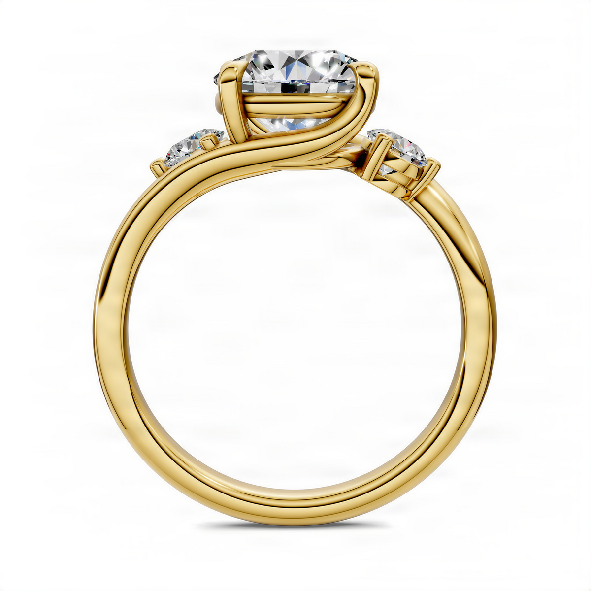 Yellow gold bypass ring with round center and baguette side stones