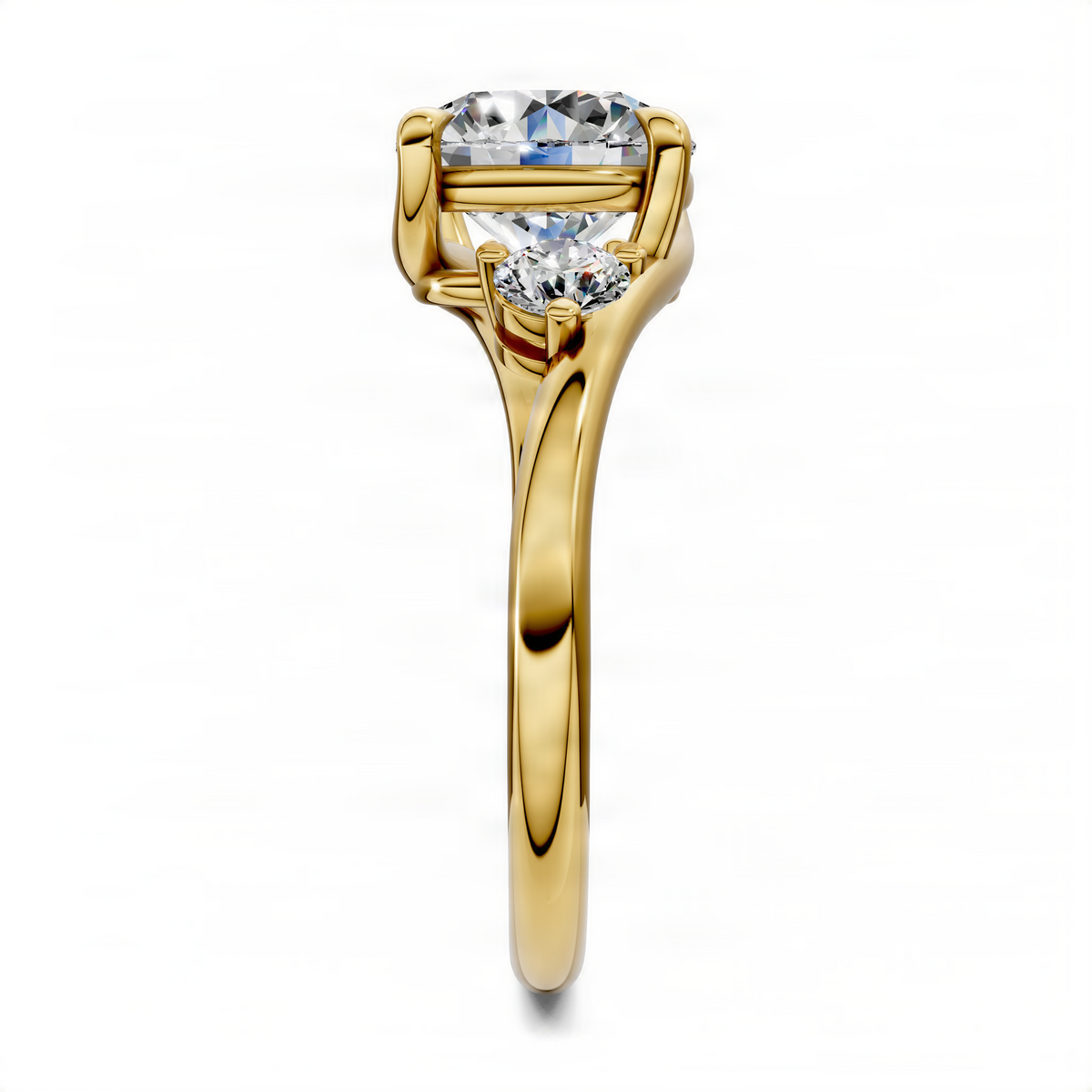 Yellow gold three-stone bypass ring with round center and side stones